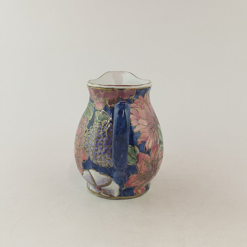 Chinese Porcelain Small Jug / Pitcher - Navy With Peony Flowers & Raised Gilt -