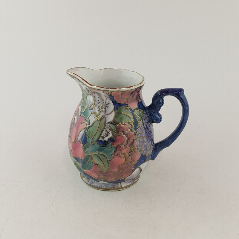 Chinese Porcelain Small Jug / Pitcher - Navy With Peony Flowers & Raised Gilt -