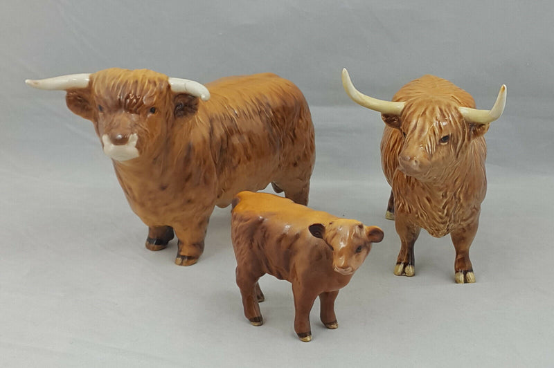 Beswick Highland Cattle Family Bull (Restored left horn), Cow & a Calf