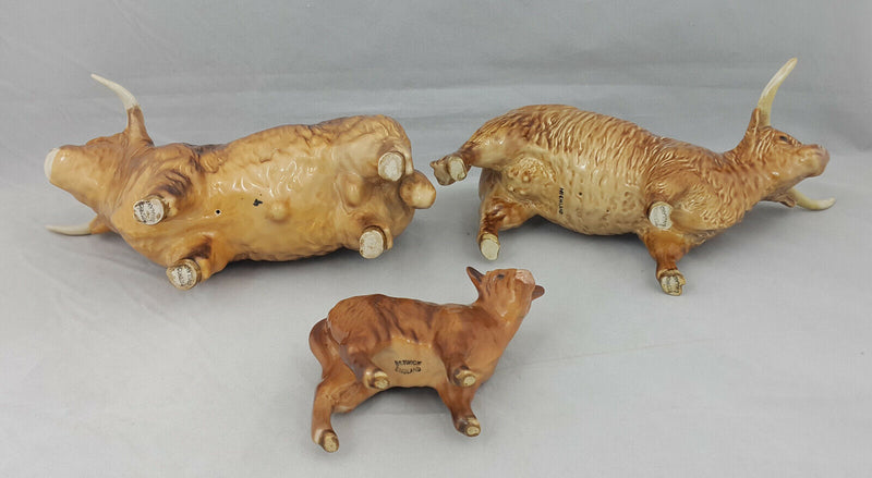 Beswick Highland Cattle Family Bull (Restored left horn), Cow & a Calf