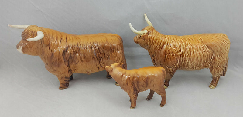 Beswick Highland Cattle Family Bull (Restored left horn), Cow & a Calf