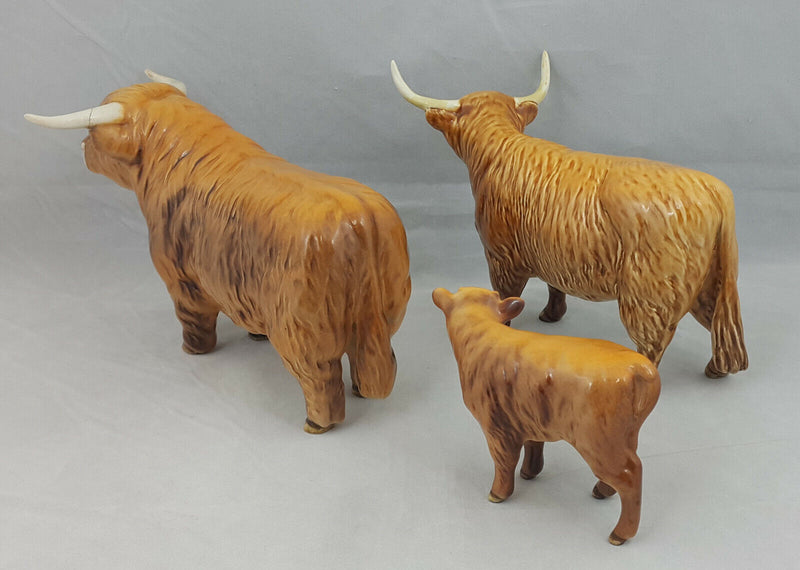 Beswick Highland Cattle Family Bull (Restored left horn), Cow & a Calf