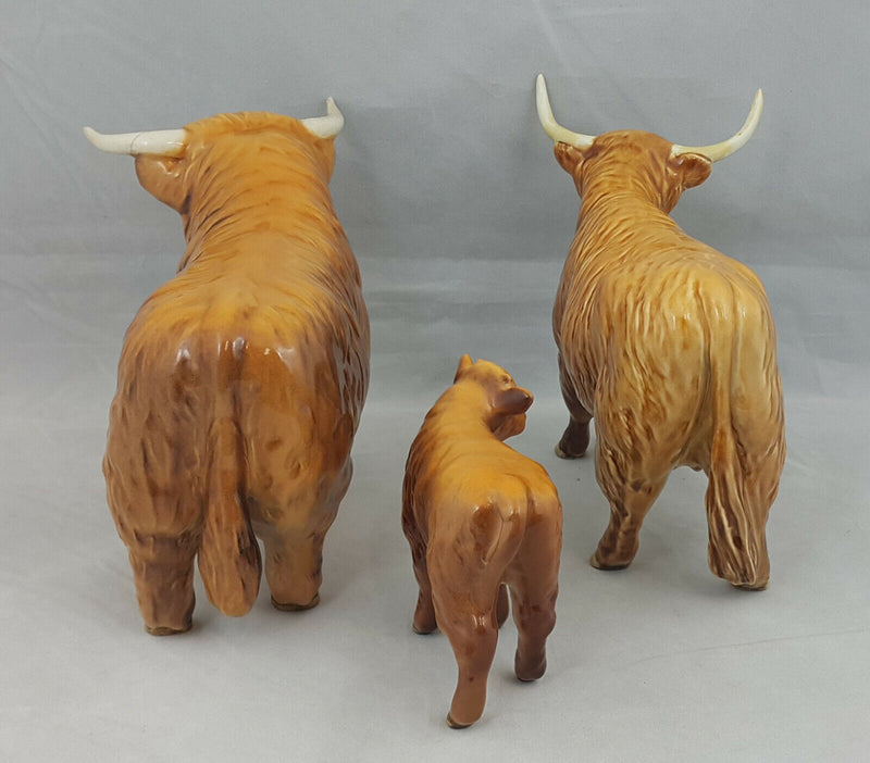 Beswick Highland Cattle Family Bull (Restored left horn), Cow & a Calf