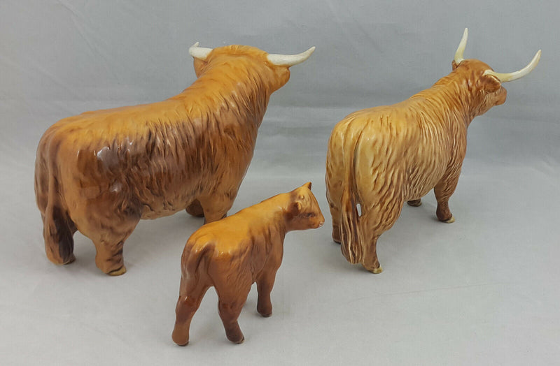 Beswick Highland Cattle Family Bull (Restored left horn), Cow & a Calf