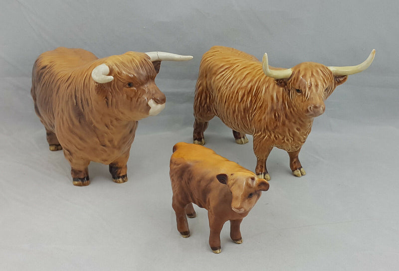 Beswick Highland Cattle Family Bull (Restored left horn), Cow & a Calf